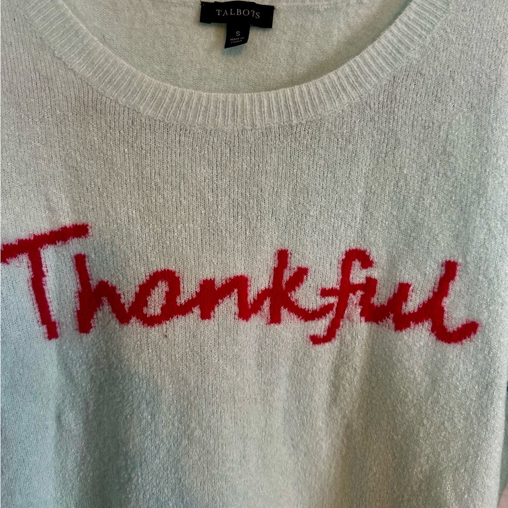 Talbots Light Blue Sweater with 'Thankful' Embroidery - Picture 3 of 6